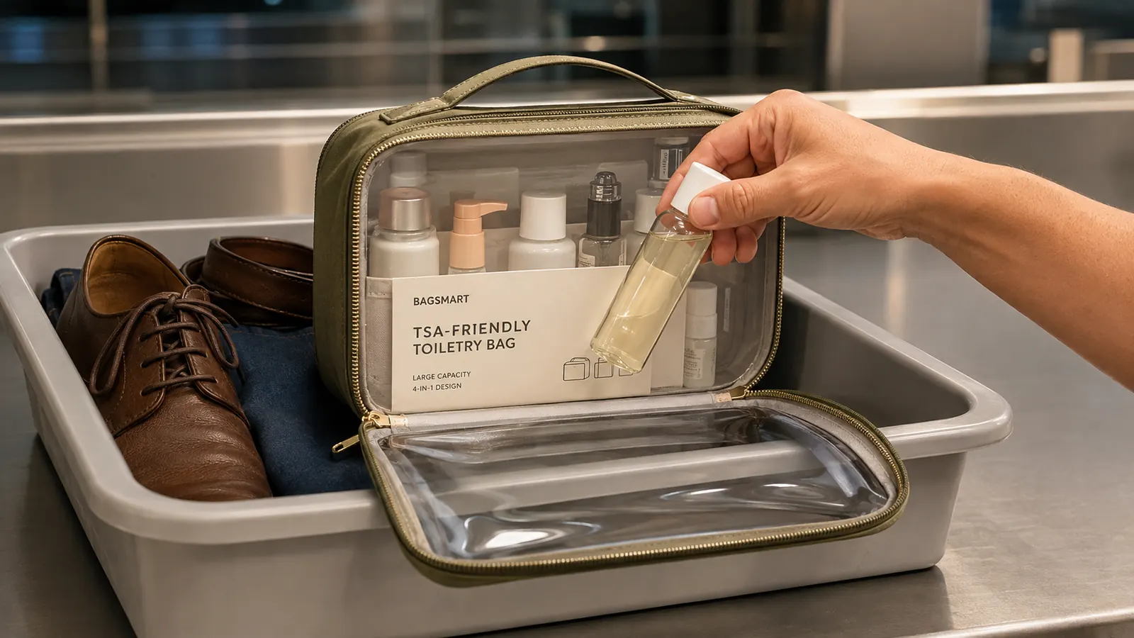 Hand unzipping the clear TSA panel of a hanging toiletry bag to pull out a travel-size bottle