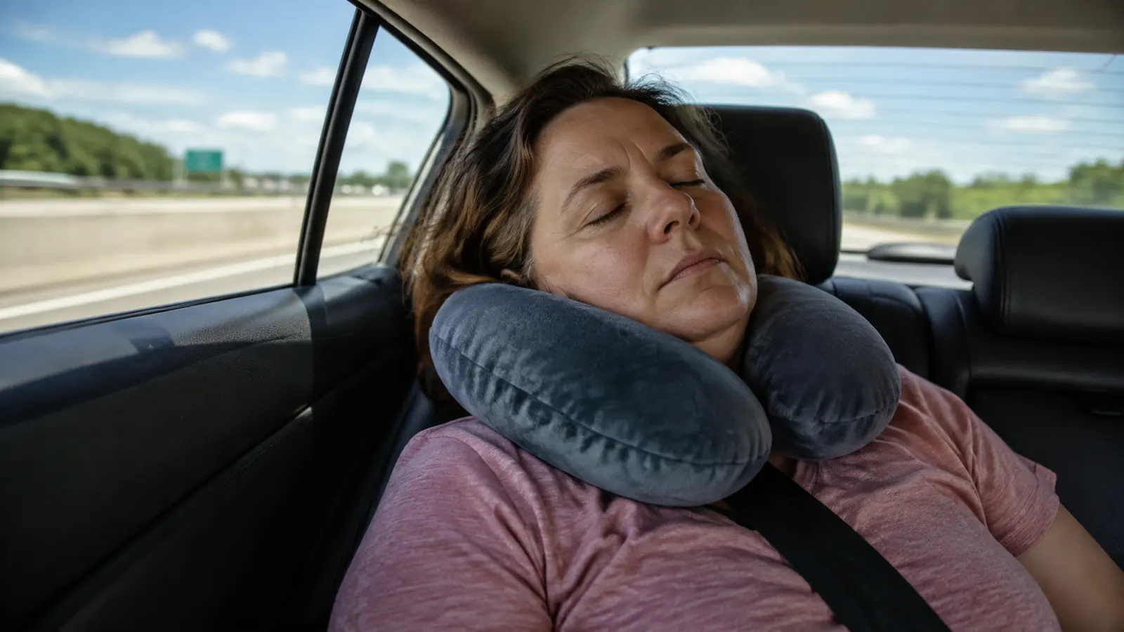 Traveler in a car back seat resting head on a neck pillow during a long road trip