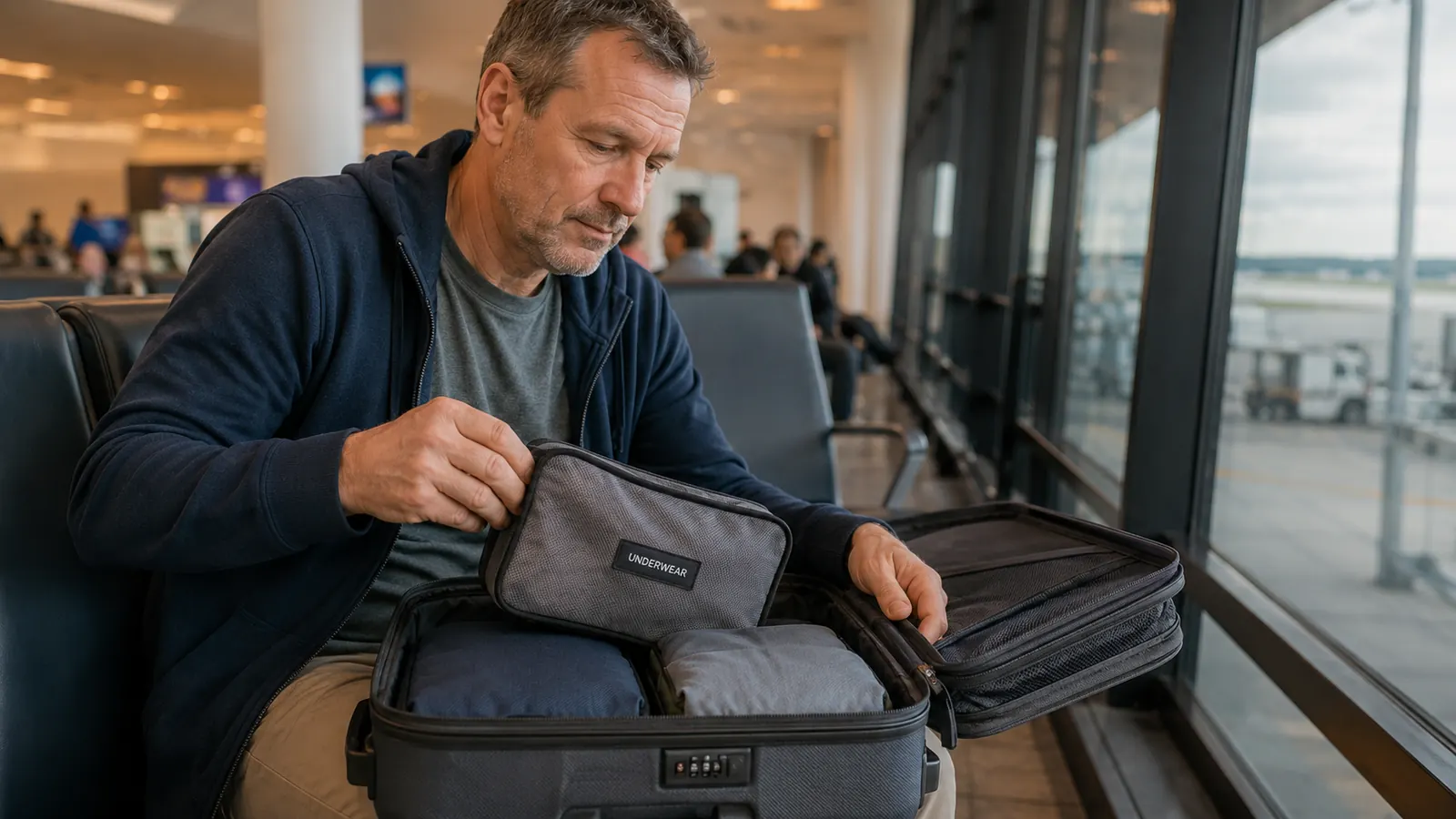 Traveler pulling a small packing cube out of a rolling carry-on at an airport gate