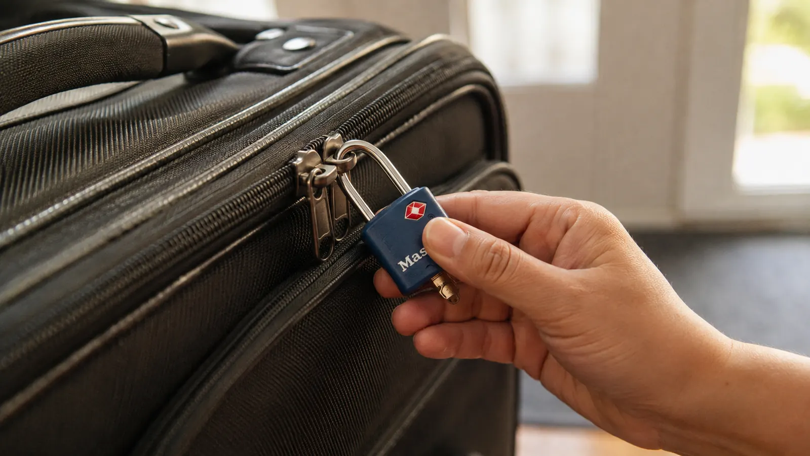 Hand closing a Master Lock TSA-approved keyed lock through two zipper pulls on a black suitcase