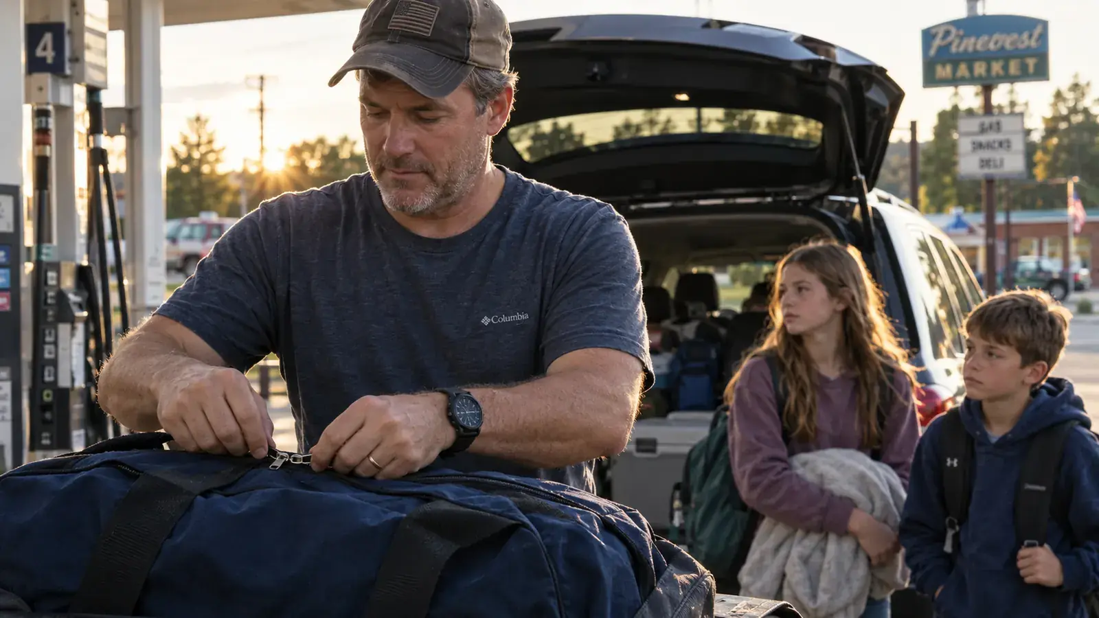 Family loading locked suitcases and a duffel bag into a car trunk at a small-town gas station during a road trip
