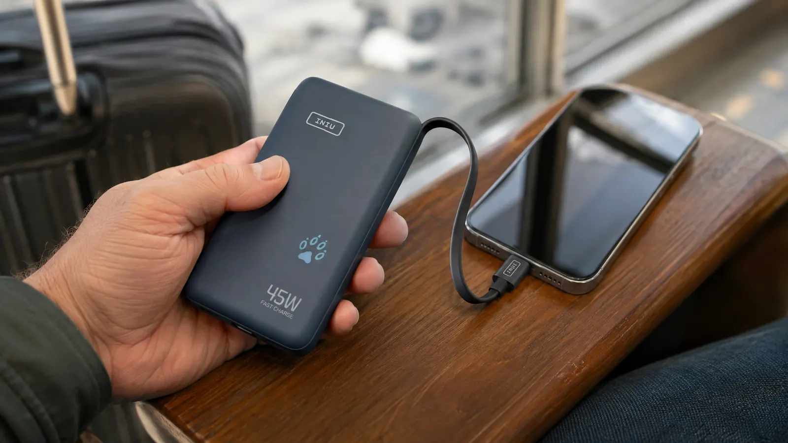 Hand holding a small black INIU power bank with a phone attached by a short detachable USB C cable, stainless travel mug and boarding pass nearby