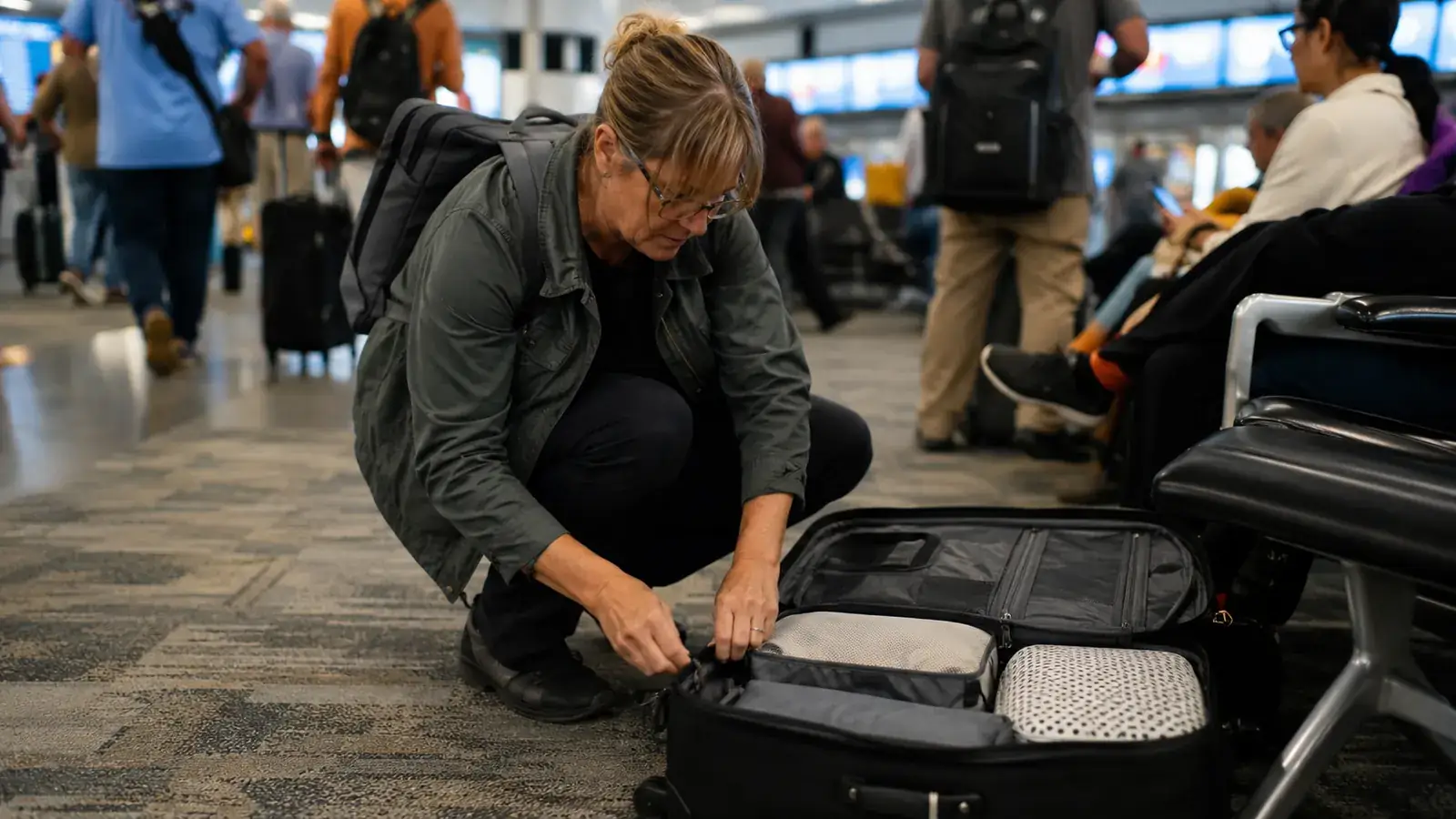 Traveler at an airport gate repacking a carry-on after a TSA bag check