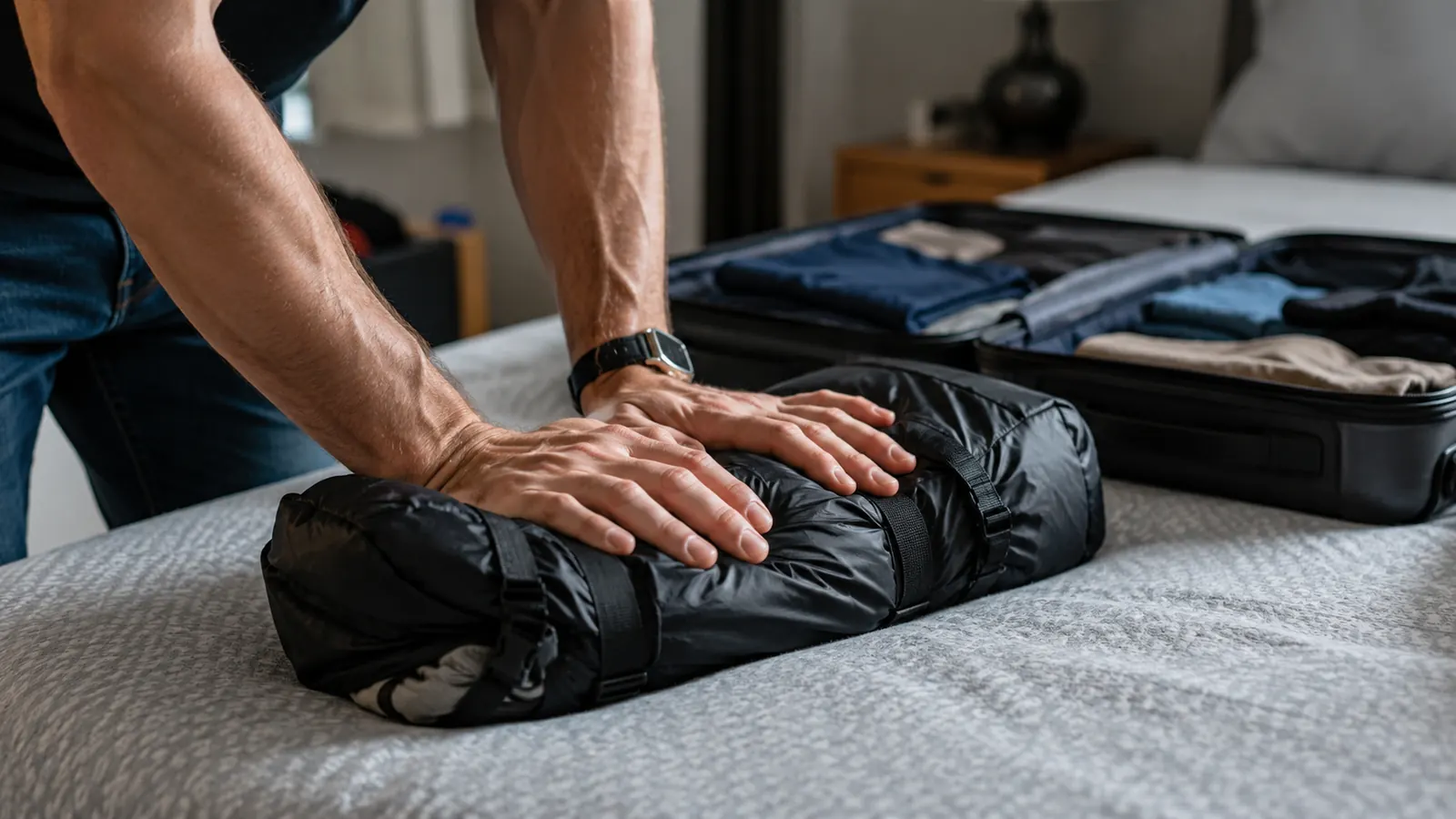A rolled compression bag being squeezed flat by hand on a bed, air escaping through a one-way valve