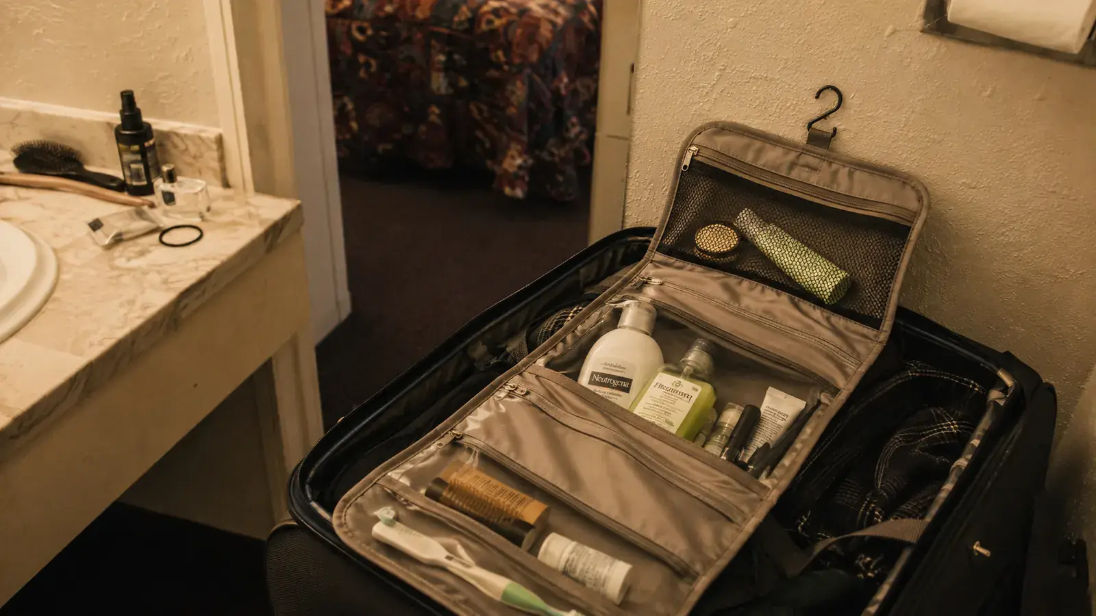 Open BAGSMART toiletry bag sitting flat on a suitcase because no hook was available in a small motel bathroom