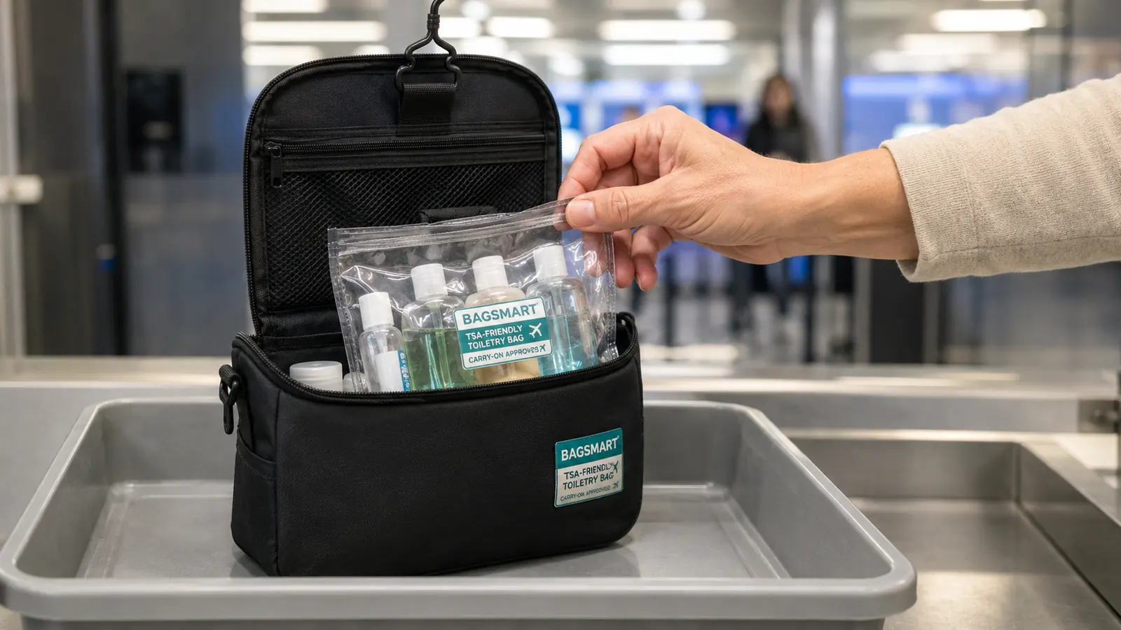 Hand pulling the clear TSA-approved pouch out of the BAGSMART toiletry bag at a security checkpoint tray
