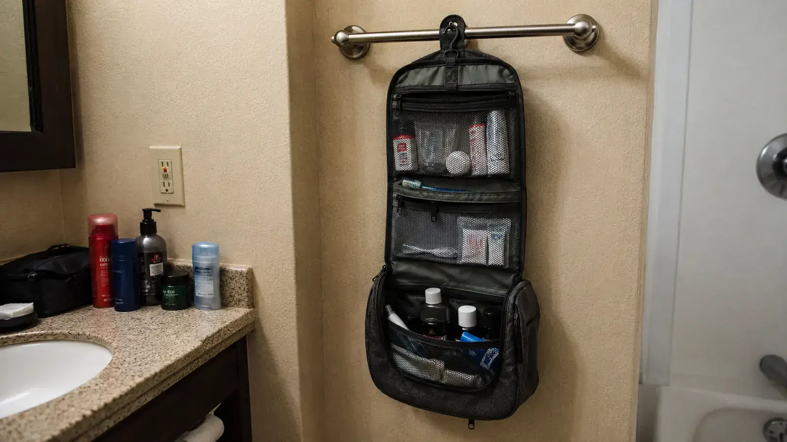 Open hanging toiletry bag showing organized compartments and clear pouch hanging inside a small hotel bathroom