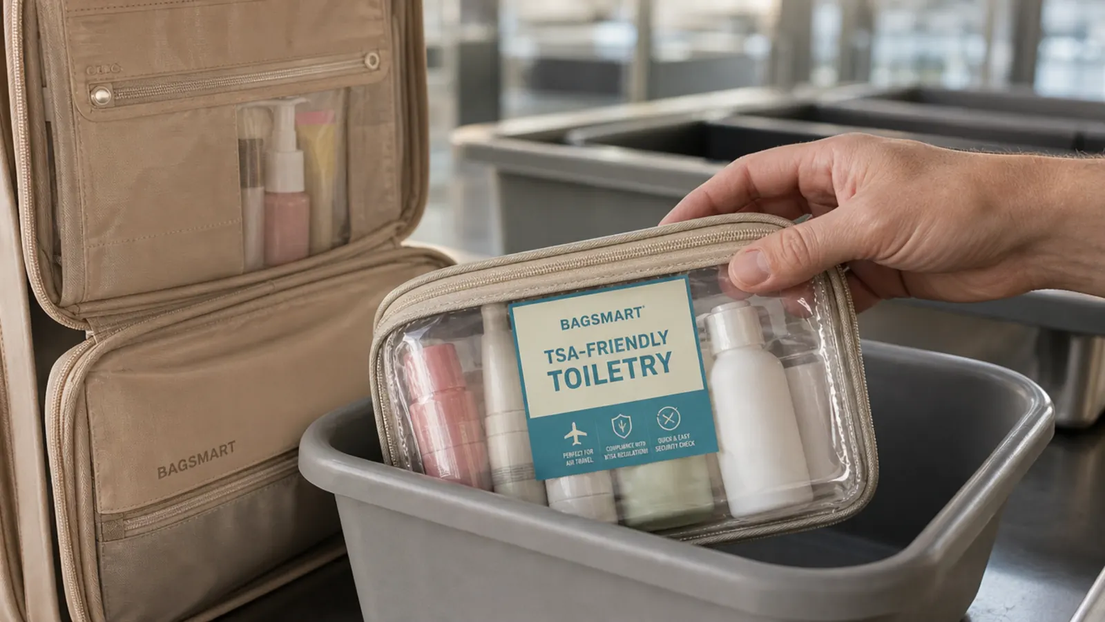 Hand unzipping the clear TSA pouch on a BAGSMART hanging toiletry bag at an airport security checkpoint tray