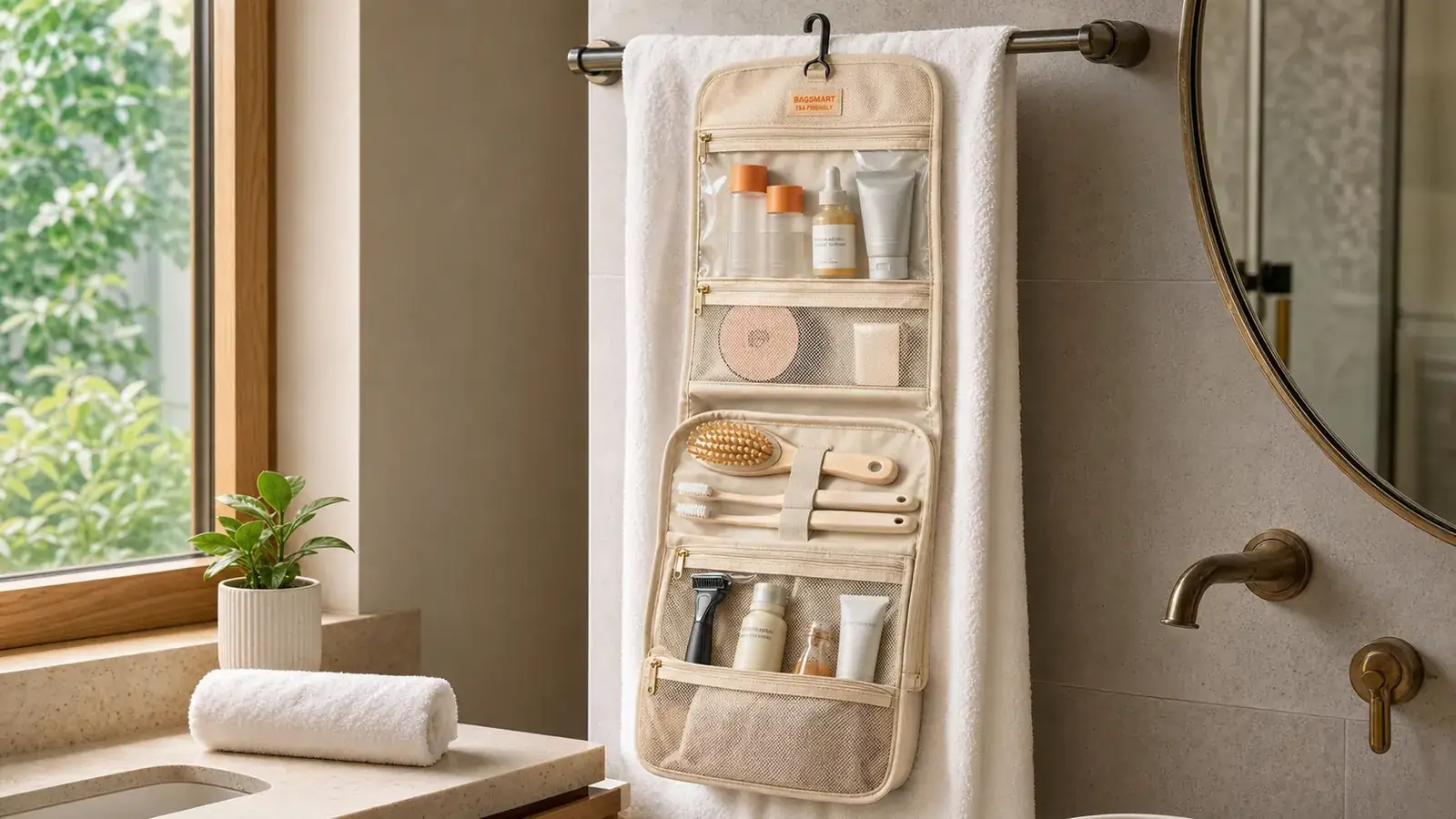 BAGSMART hanging toiletry bag fully unrolled on a towel bar showing multiple mesh compartments packed with travel bottles and a razor