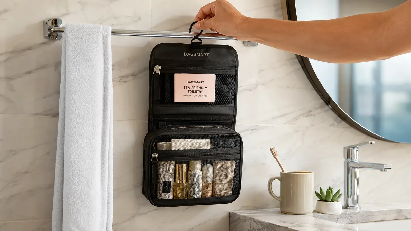 Hand hooking a black hanging toiletry bag onto a hotel towel bar