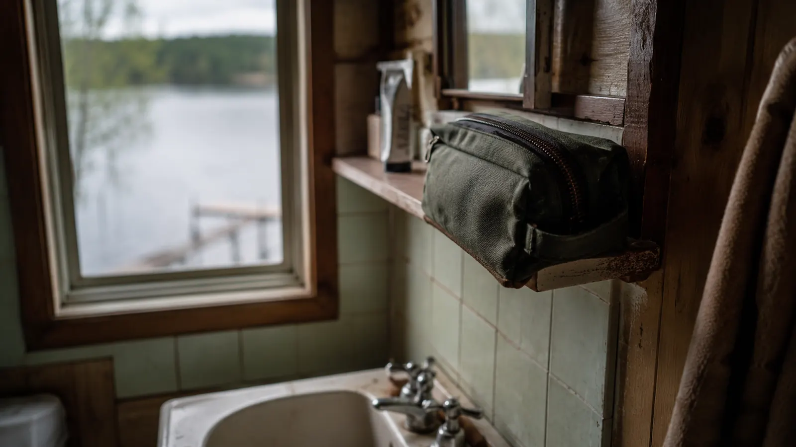 Cramped cabin bathroom shelf with a small dopp kit balanced precariously above a sink