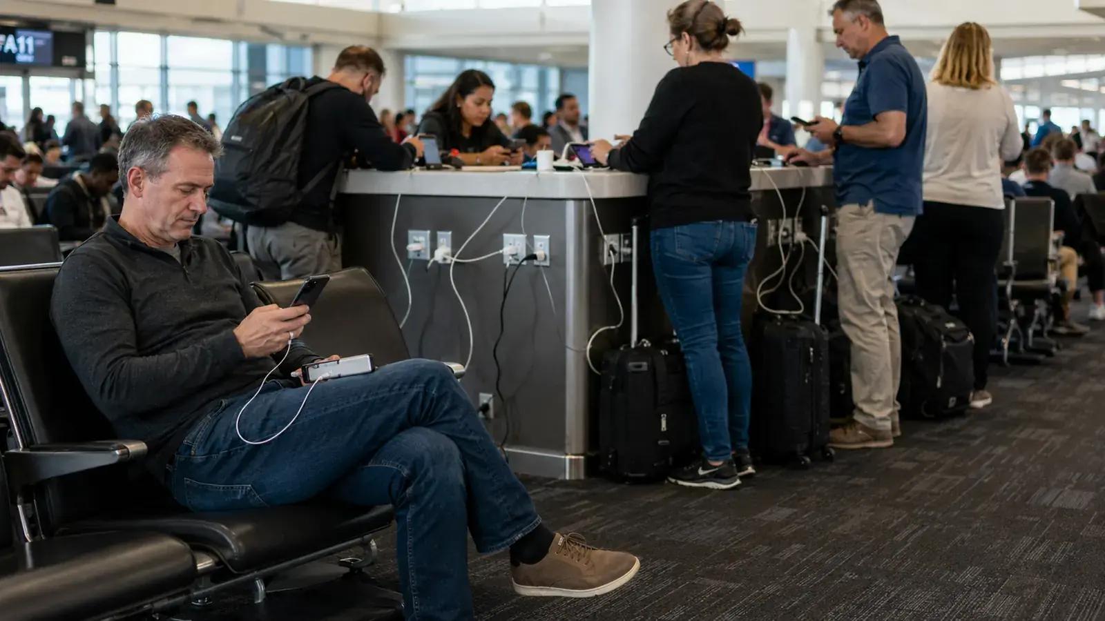 Crowded airport charging station with several travelers waiting for an open outlet near the gate