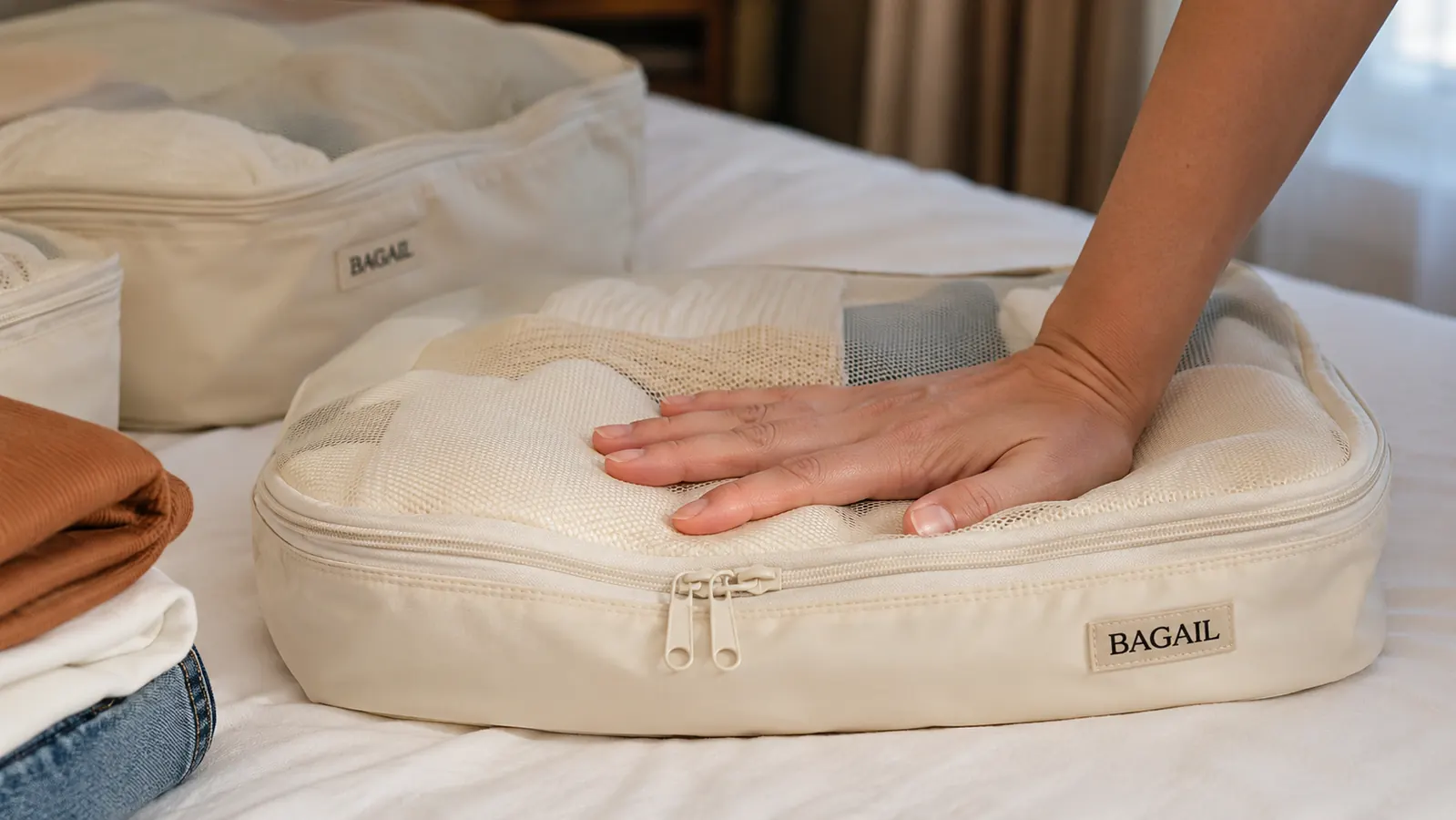 Hand pressing down on a packed packing cube to compress it before zipping it shut