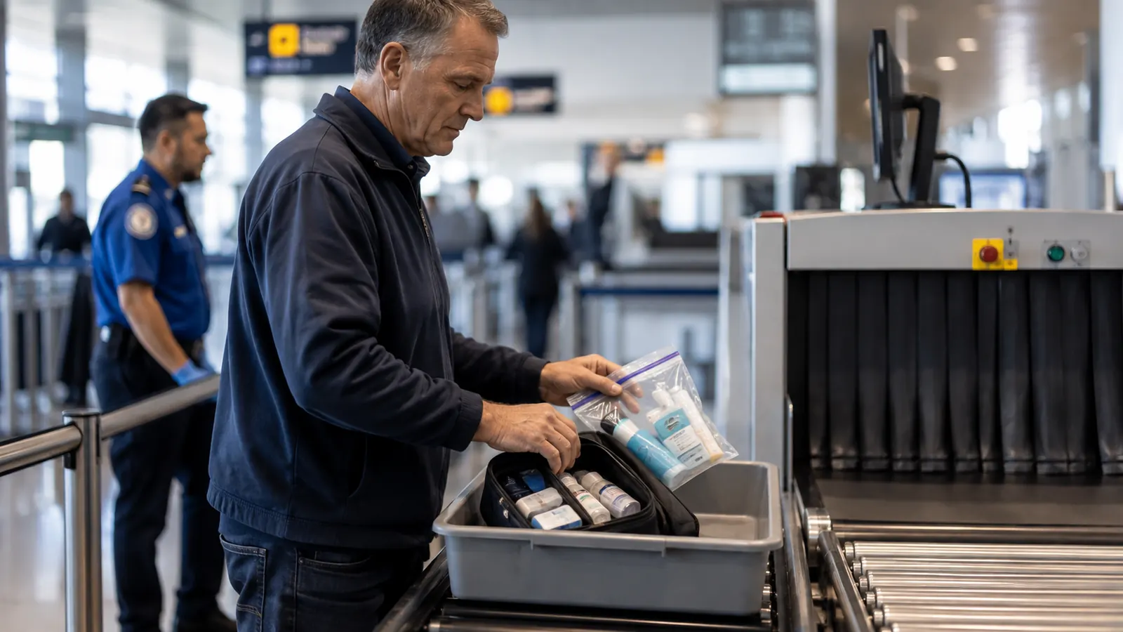 Traveler placing a toiletry bag and clear liquids pouch into a bin at an airport security checkpoint
