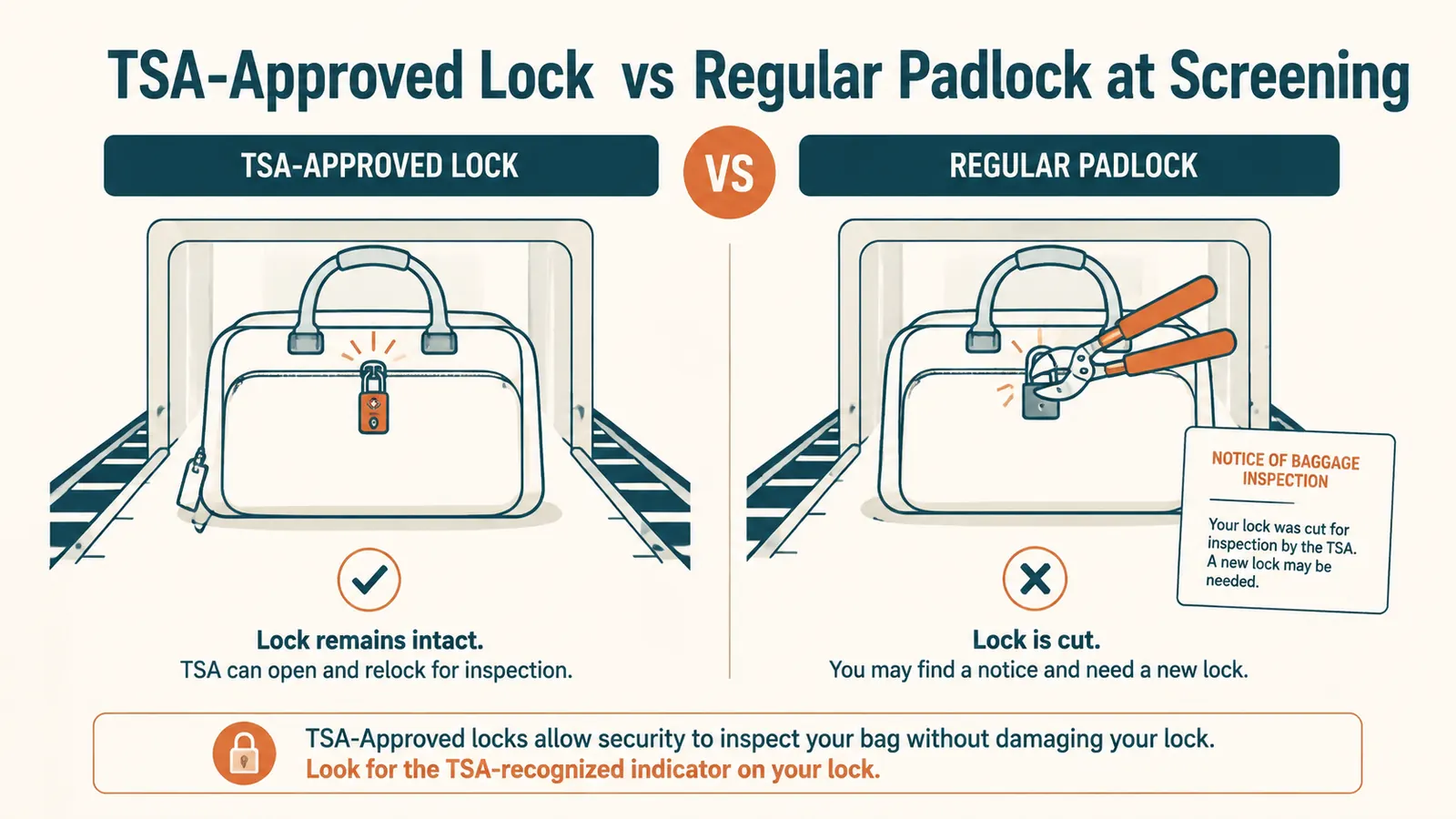Simple diagram comparing what happens at TSA screening with a TSA-approved lock versus a non-approved lock