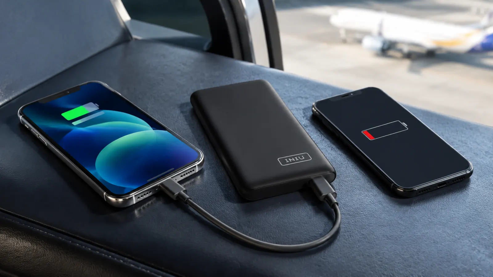Close-up of the INIU power bank charging one phone with its detachable cable while a second phone with a low battery waits nearby