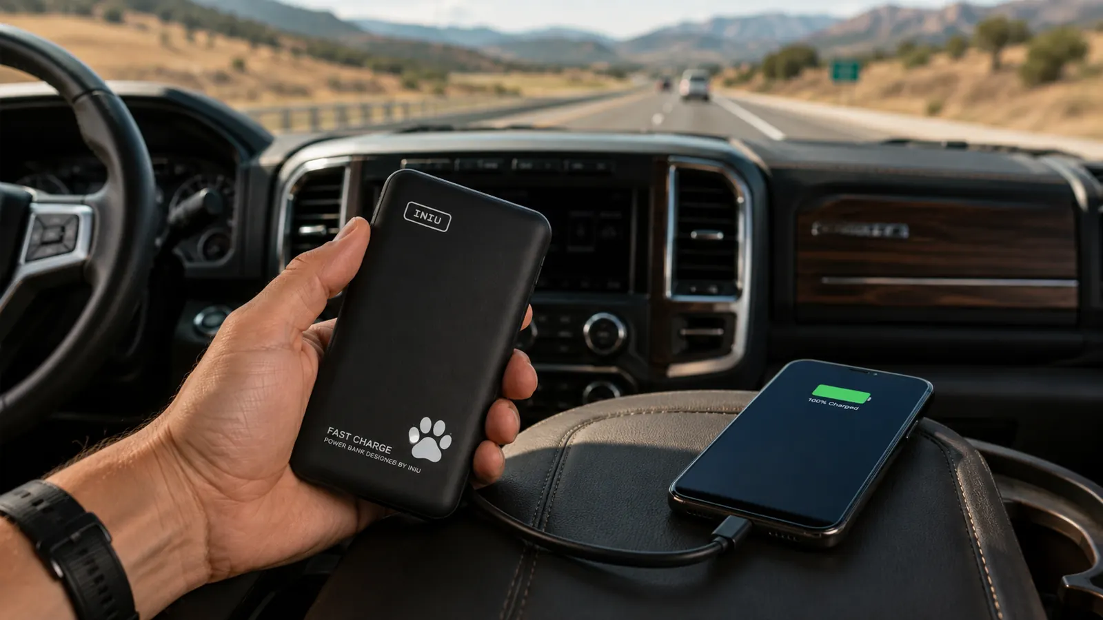Close-up of the INIU power bank plugged into a phone via its detachable USB-C cable, resting on a car center console