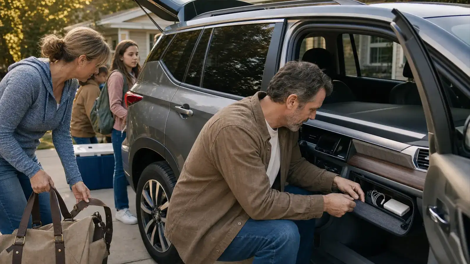 A family loading a car for a road trip with a small power bank and cables visible in an open glovebox pouch