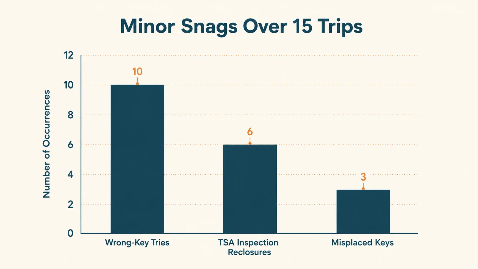 Chart showing small friction points logged across 15 trips using the Master Lock 4689T two-pack