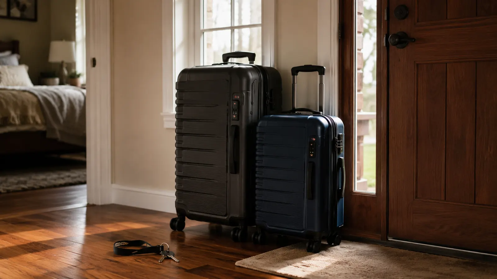 Two suitcases sitting locked and ready by a front door before an early morning airport drive