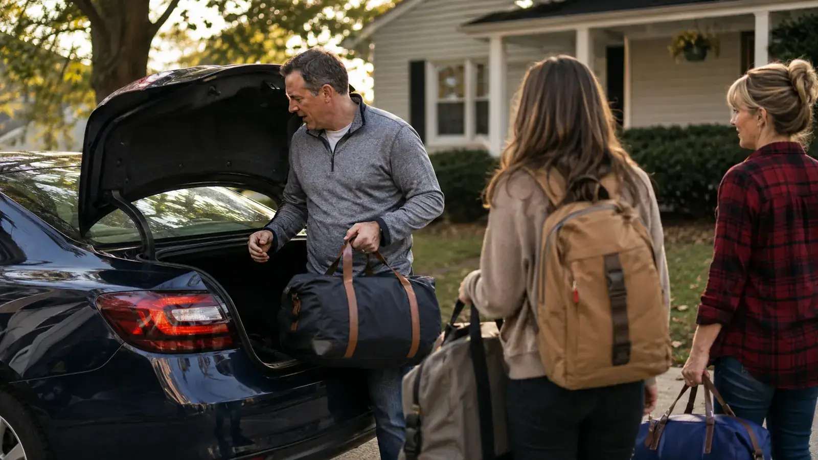 Family loading suitcases into a car trunk before a road trip to the airport