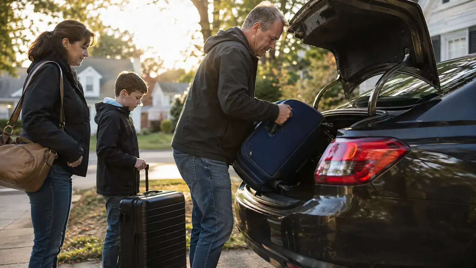 A family loading suitcases with locked zippers into a car trunk before an early morning airport drive