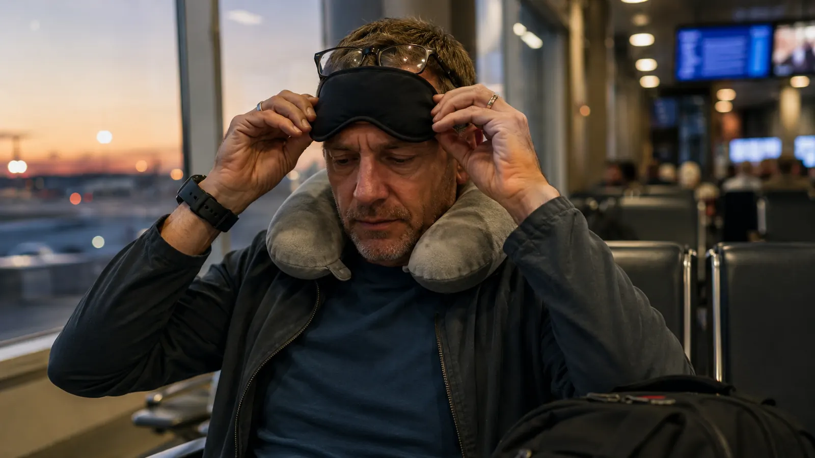 Man wearing glasses adjusting a 3D contoured eye mask before an overnight flight in an airport lounge chair