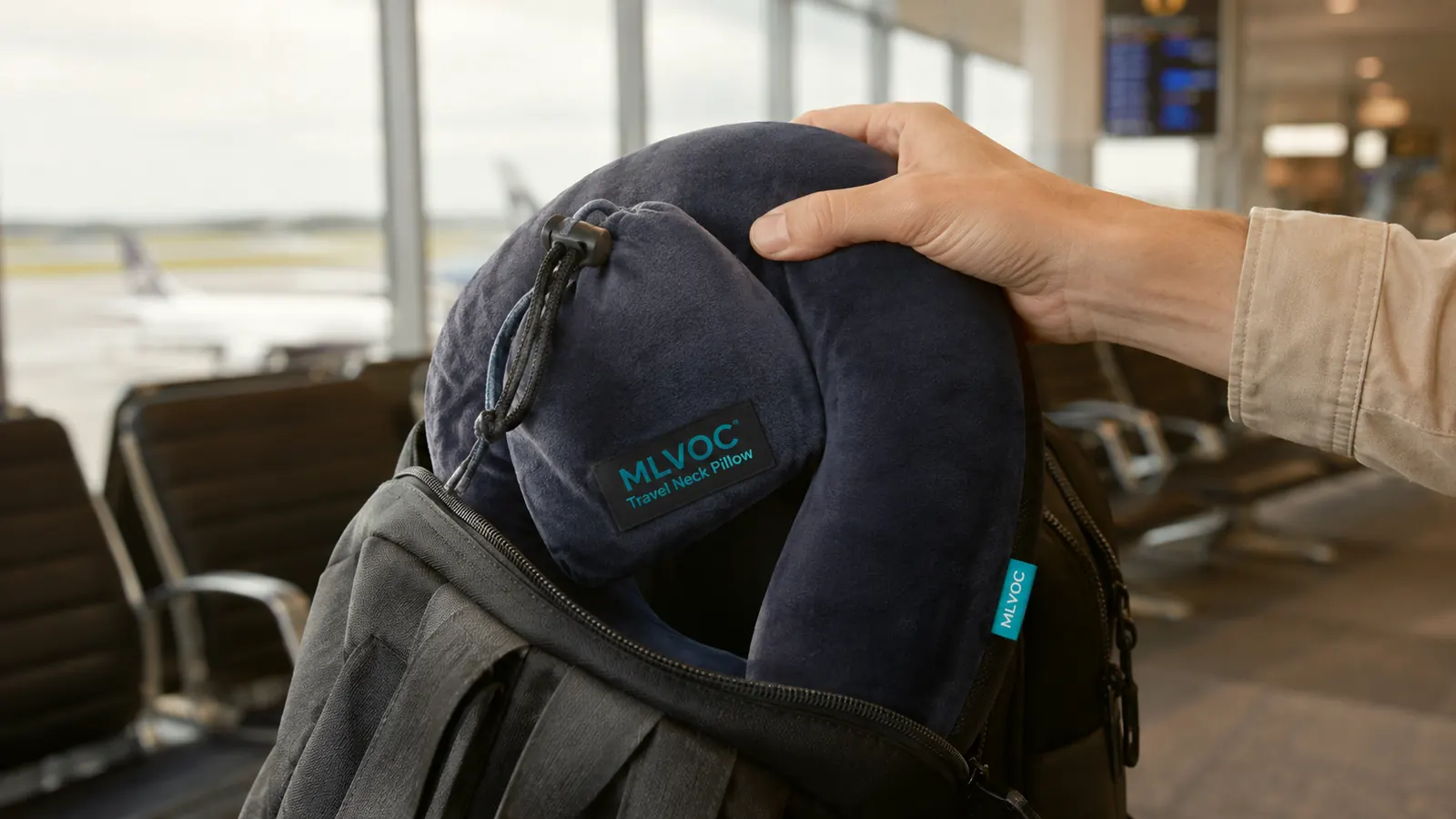 Hand pulling the MLVOC neck pillow and its eye mask and earplugs pouch out of a carry-on backpack