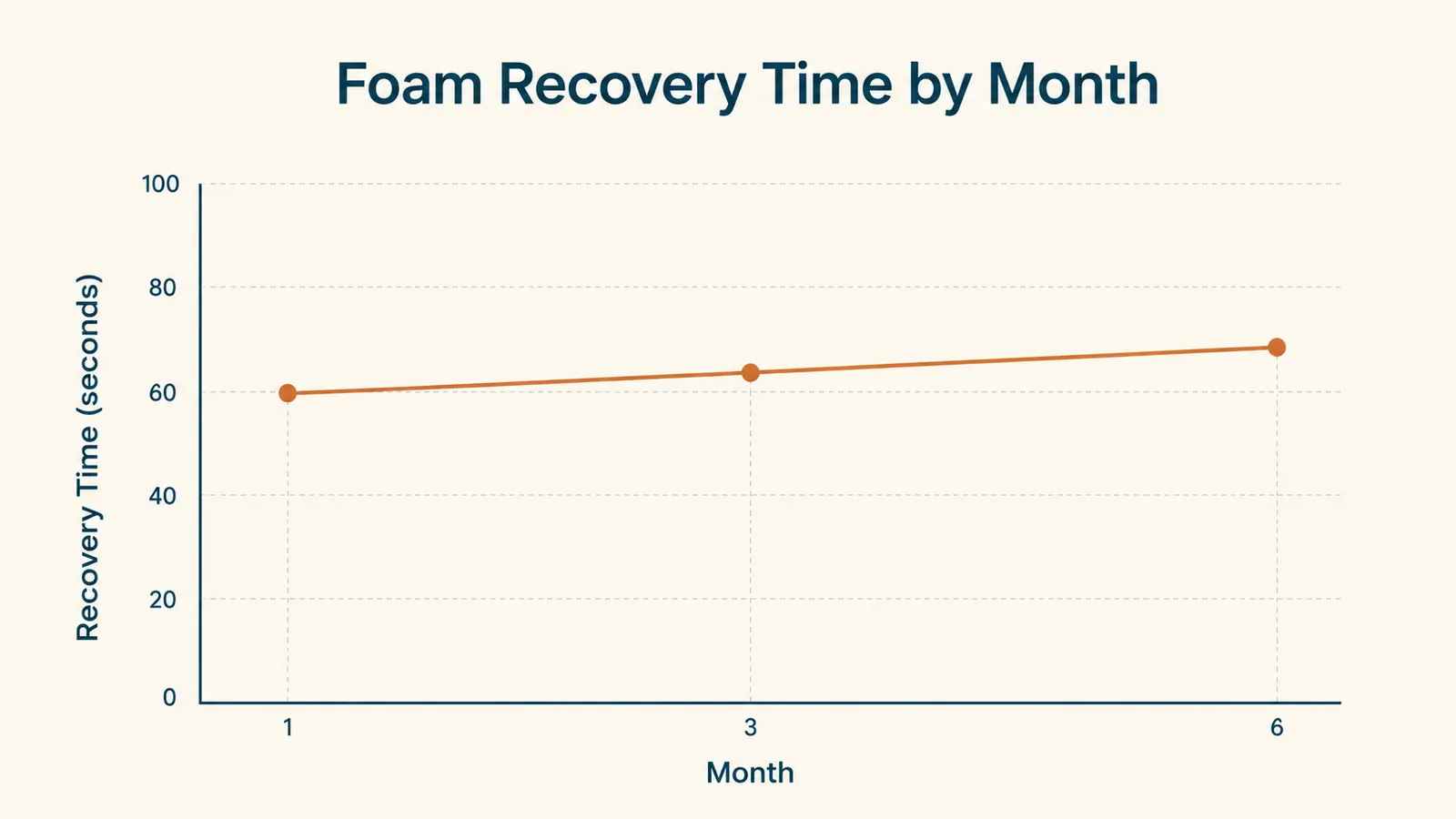 Simple line chart showing the neck pillow's memory foam recovery time measured in seconds at month 1, month 3, and month 6