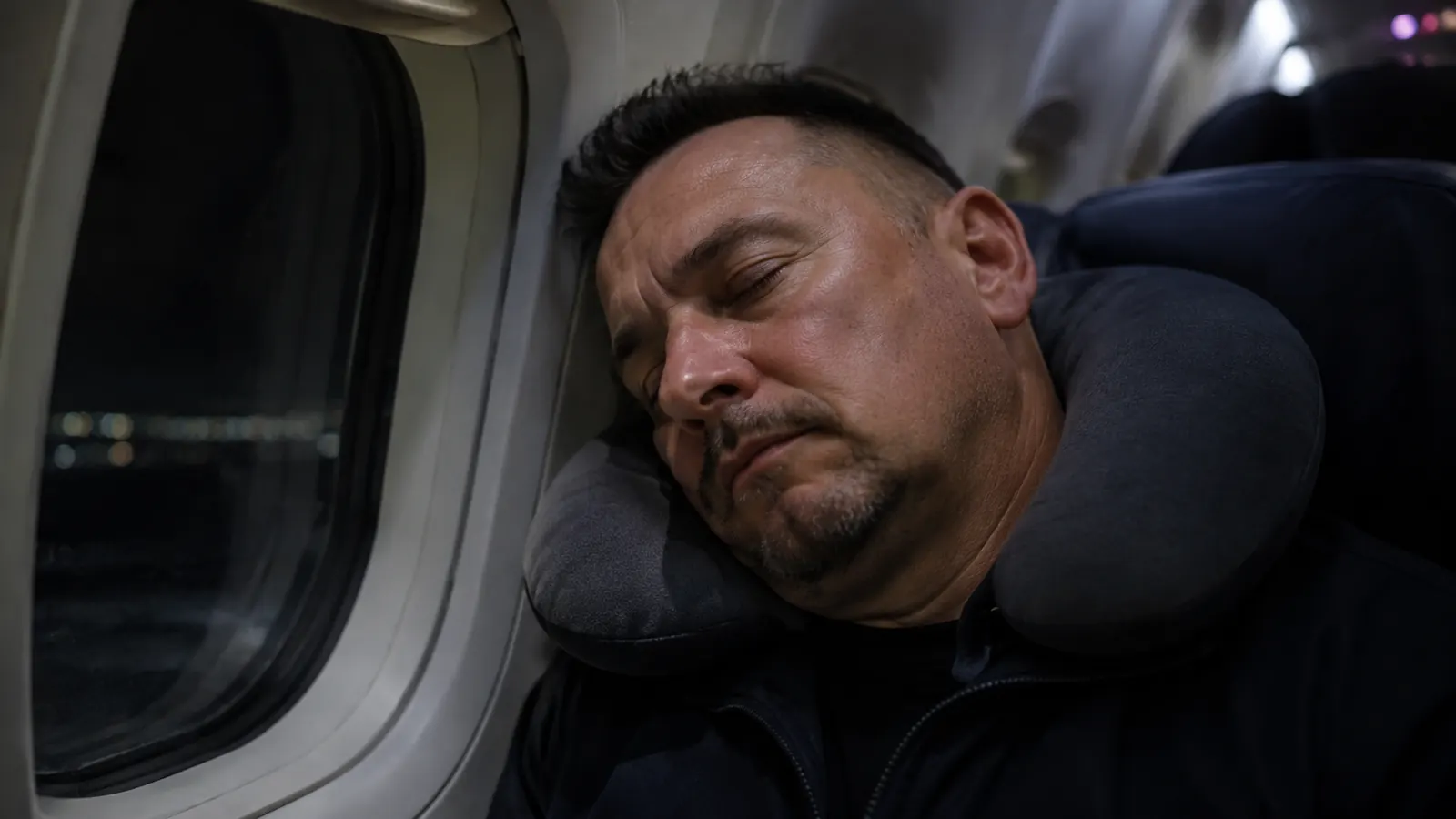 Traveler asleep against a window on a red-eye flight wearing a curved memory foam neck pillow