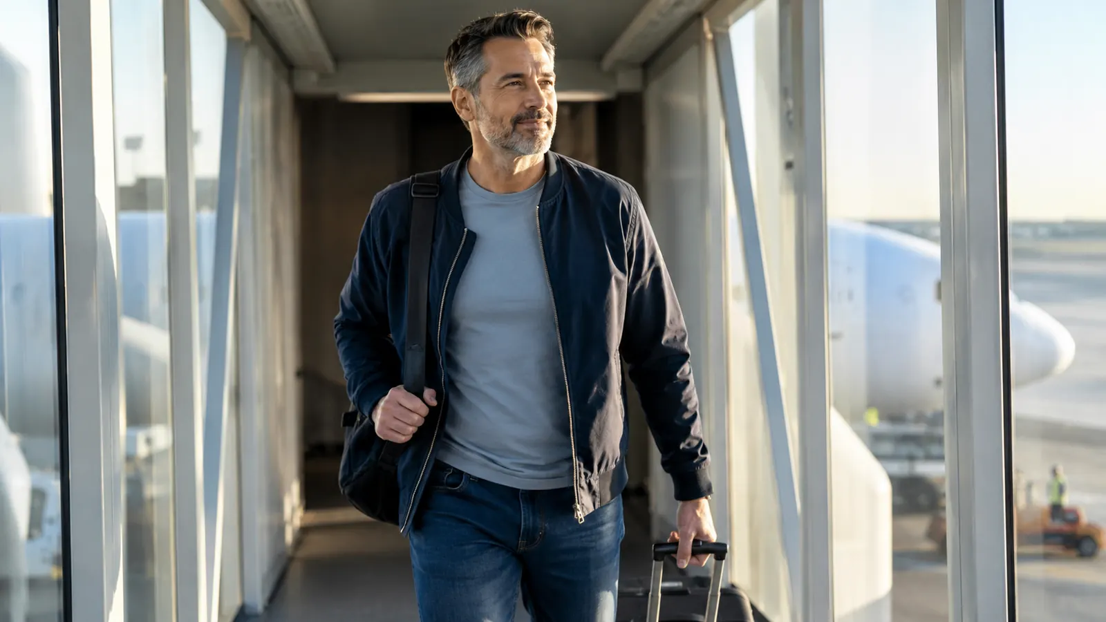 Well-rested traveler walking off a jet bridge into a sunlit terminal in the early morning