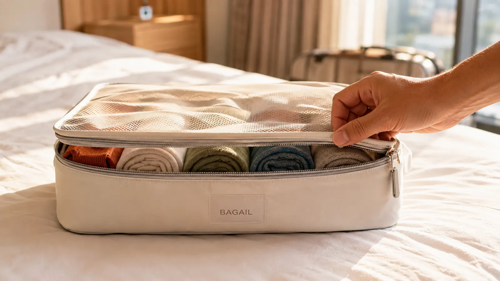 Hand zipping a cream-colored BAGAIL packing cube filled with neatly rolled shirts