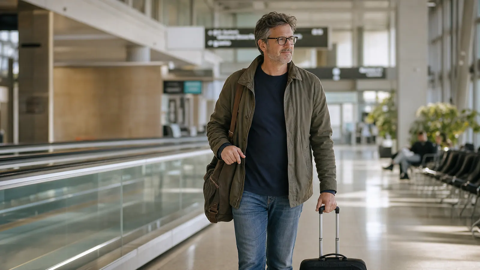 Traveler walking confidently through an airport terminal pulling a carry-on suitcase, morning light through windows
