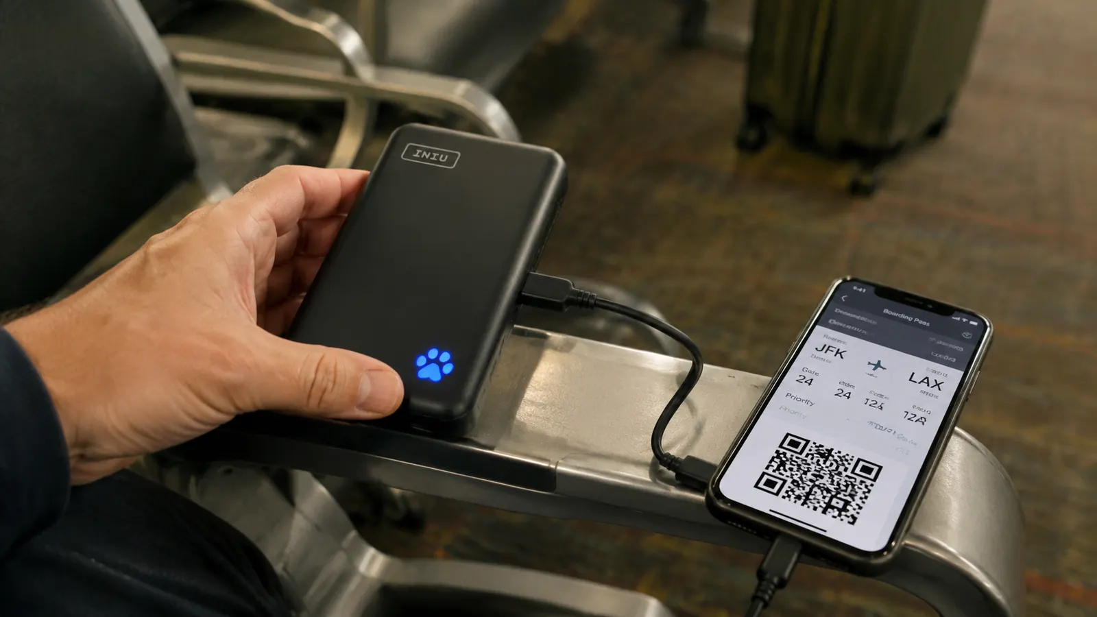 Hand holding a small black INIU power bank while it charges a smartphone on an airport gate chair armrest