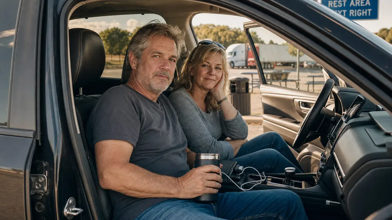 An older man and woman sharing a laugh in a car at a rest stop, phone charging on the dashboard
