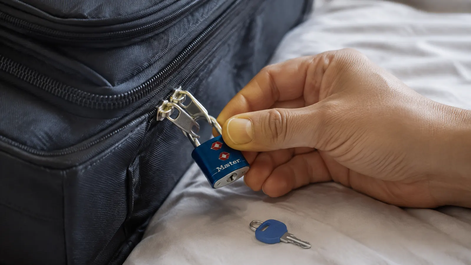 Hand clipping a Master Lock TSA-approved padlock through the zipper pulls of a suitcase