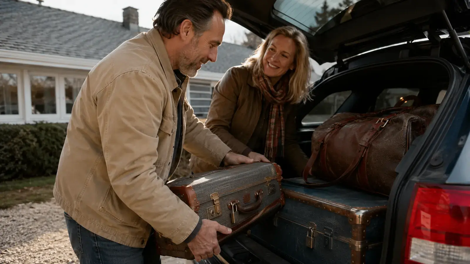 A middle-aged man and woman loading locked suitcases into a car trunk before a road trip